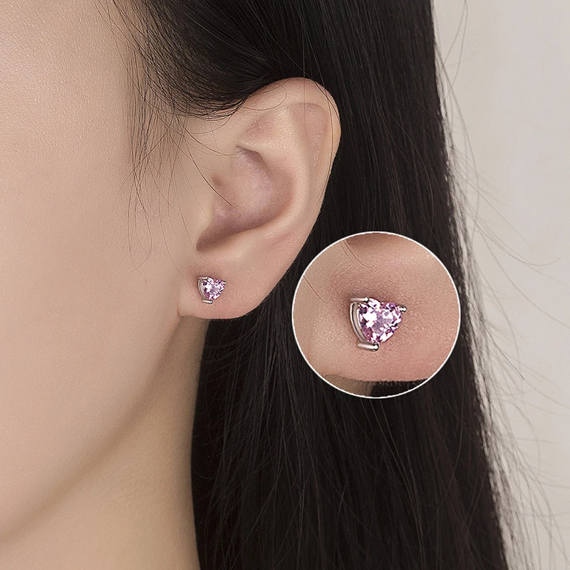 Cute Romantic Simple Style Stud Earrings Romantic Pink Heart Zirconia Stone Minimal Earring Piercing Cartilage Nail For Women