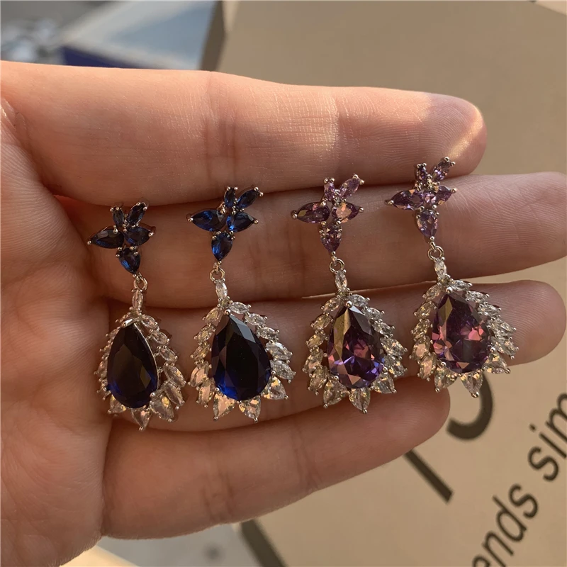 

Luxury Female Rainbow Crystal Drop Earrings Rose Gold Silver Color Dangle Earrings For Women Cute Flower Zircon Wedding Earrings