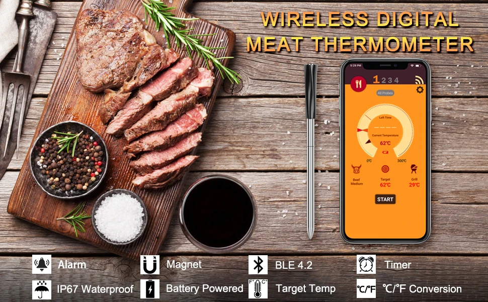 WGT Цифровой зонд Vlees термометр для мяса, кухонный беспроводной термометр для приготовления пищи, барбекю, термометр для еды, Bluetooth, печь, гриль, термометр, зонд