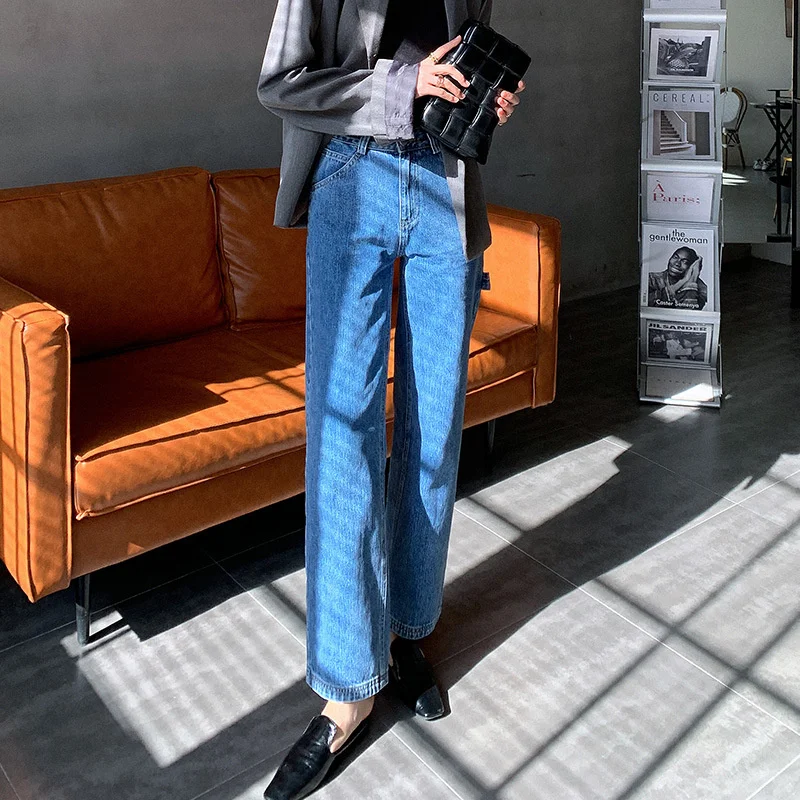 

Женские джинсы с высокой талией, синие потертые джинсы, прямые брюки, весна-лето, 2021