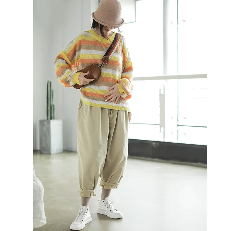 Autumn Sweater Women Fashion Large Size Knitting Loose Pullovers 2019 New Female Tops O-Neck Long-sleeved Striped Hole | Женская одежда