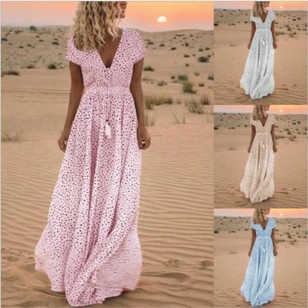 

Summer Elegant Bohemian Dress Long Robe Polka Dot Printing All-matched Short Sleeve Tassel V-neck Maxi Dresses