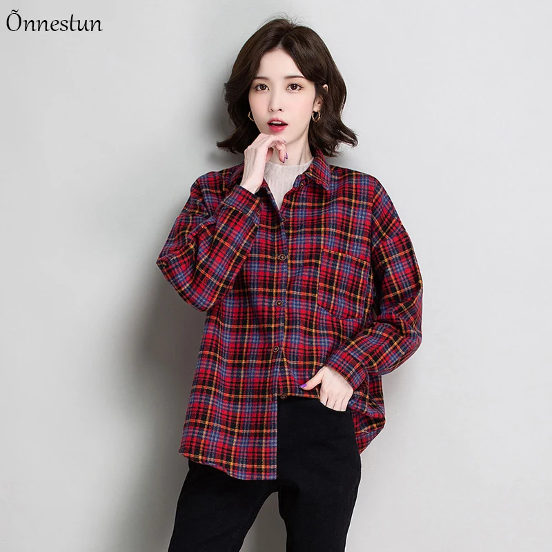

Red Plaid Women's Shirt 2021 New Spring Autumn Single-breasted Top Female Vintage Women's Clothing Long Sleeve Women Blouses