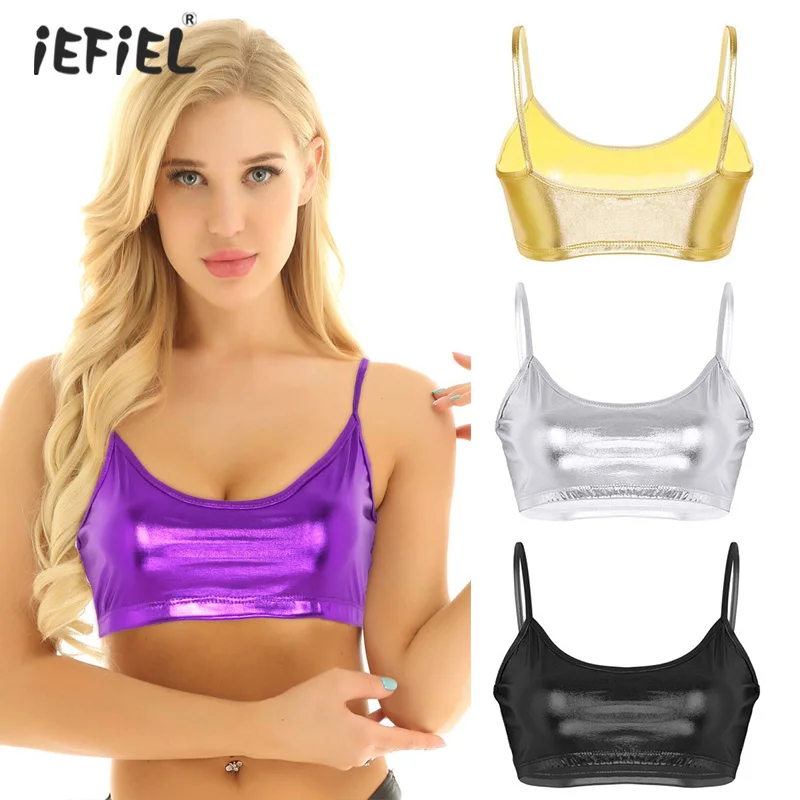 

Sexy Womens Shiny Metallic Crop Top Rave Outfit Clubwear Spaghetti Straps Deep U Neck Lingerie Slim Fit Camisole Vest Tank Tops