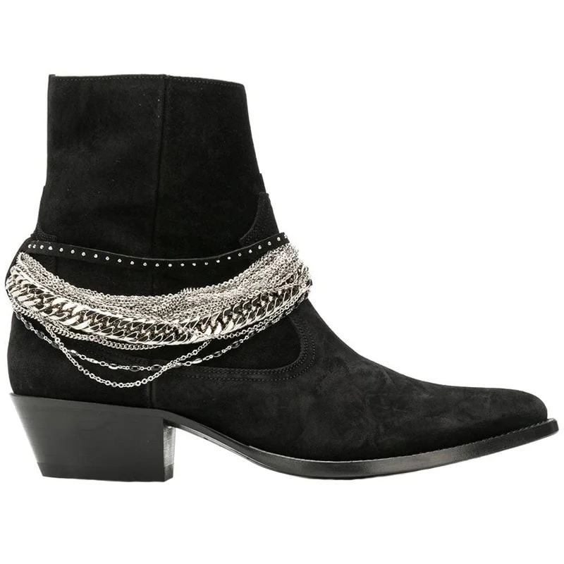 

Chelsea Boots Men Autumn Chain Pointed Toe Med Heel Punk Riding Boots High Top Shoes Zipper Genuine Leather Ankle Boots Big Size