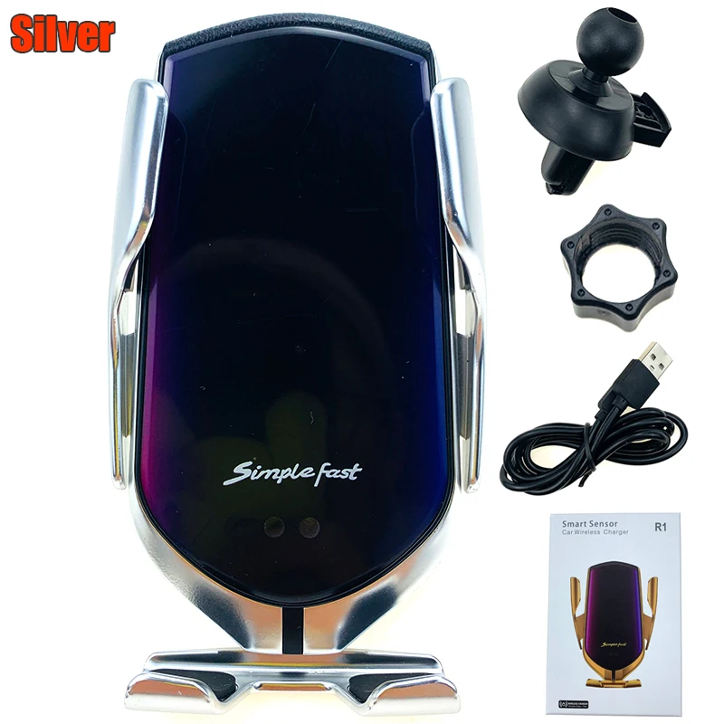 Silver no Stand Qi быстрая 10 Вт Беспроводная зарядная станция R1 автоматический зажимной держатель телефона автомобильное беспроводное зарядное устройство для IPhone huawei samsung - Тип штекера: Silver no Stand
