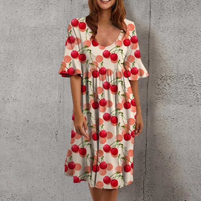 

Womens Summer Dress Boho Floral Print Short Sleeve Knee-Length Dress Ladies Loose A Line Dress Beach Dress Robe Femme Vestidos