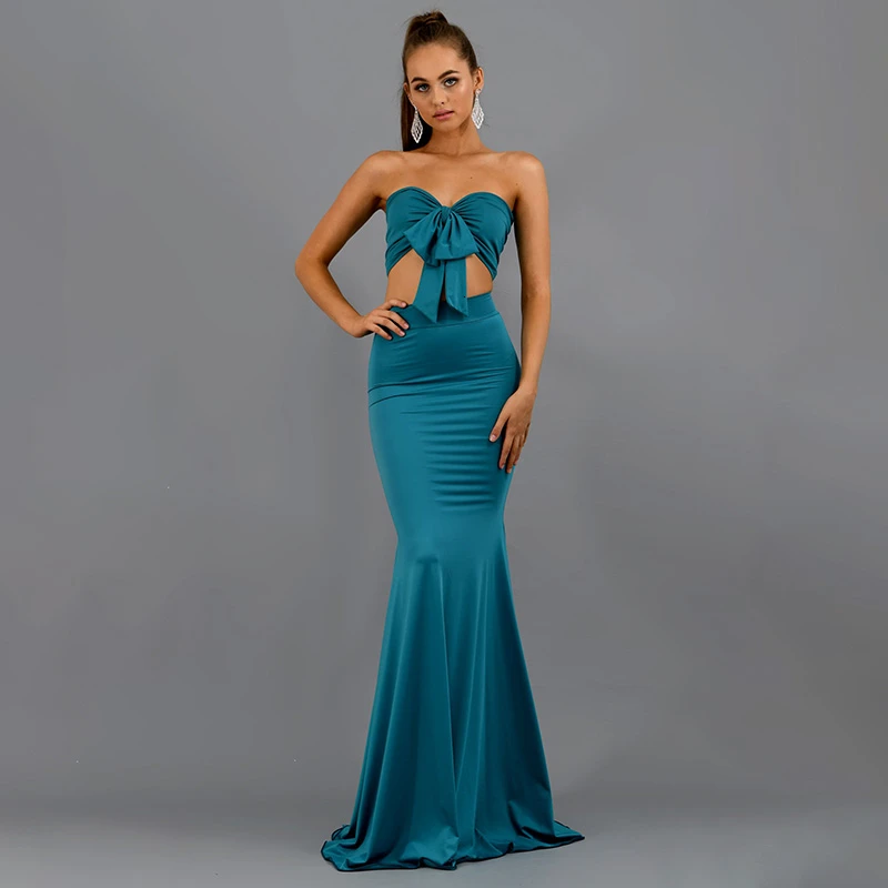 Dressmecb, элегантный комплект из двух предметов, с бантом, без бретелек, укороченный топ и макси юбки, бодикон, сексуальный комплект из 2 предметов, Womne, летняя одежда - Цвет: Синий
