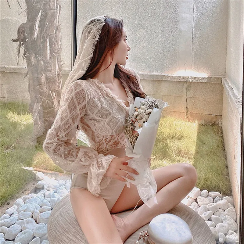 Korea One Piece Swimsuit 2020 Long Sleeve Deep V Backless Lace Swimwear Women Bodysuits Vintage Retro Bathing Suits Beach Wear | Спорт и