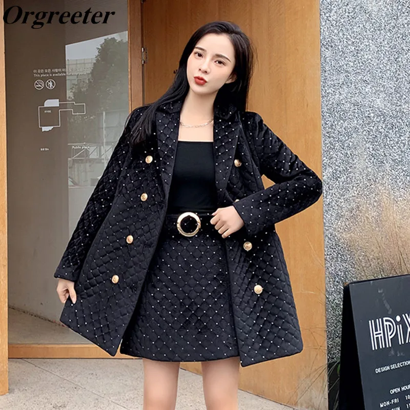 

Winter Warm Thicken Velvet Parka Suits Women Rhombus Bronzing Dot Long Blzaer Coat + Mini A-line Skirt Suits with Belt 2 Pcs Set