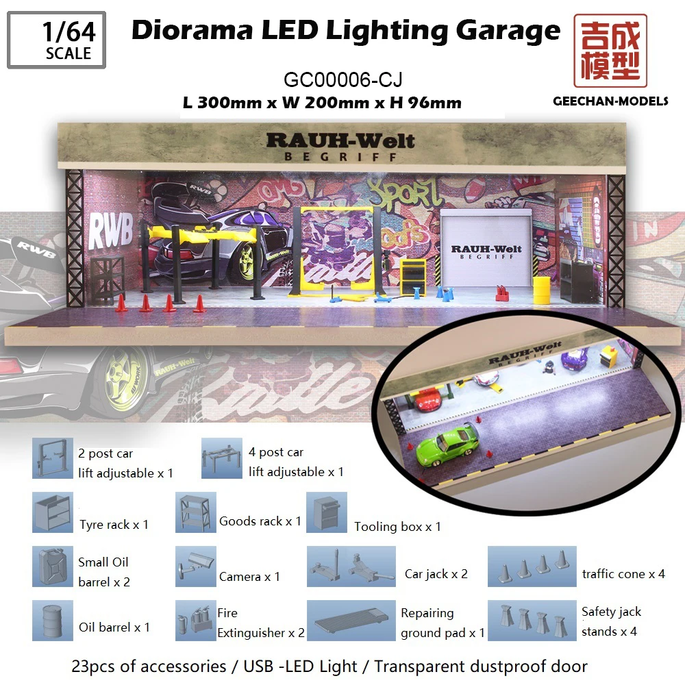 

GEECHAN Diorama 1/64 Model Car LED Lighting Garage with Miniature Maintenance Display Tools - 23 PCS Accessories GC00006