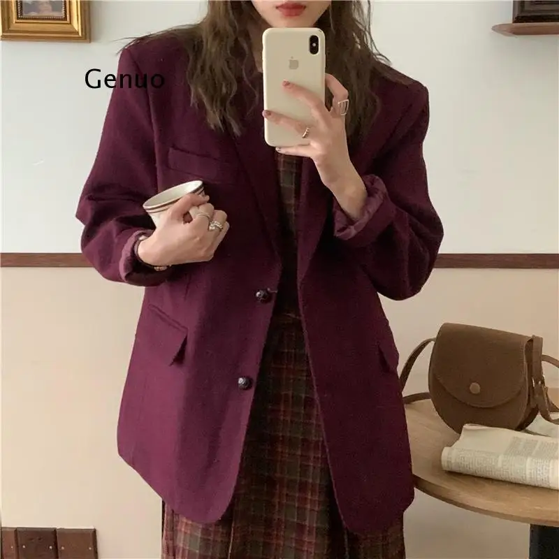

Outerwear Woolen Warm Loose Chic 2021 Jacket Streetwear Coats Long Sleeve Vintage Office Lady New Casual Women Blazers