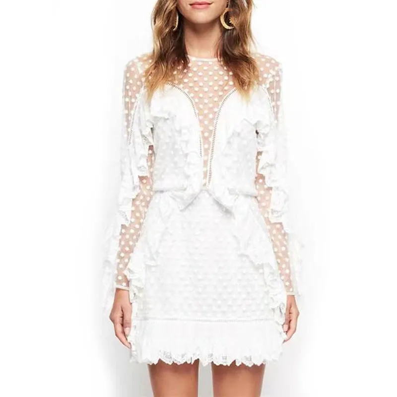 

White Summer Dress 2020 Long Sleeve Fashion Women's O Neck Star Hollow Lace Stitching Ruffled Holiday Seaside Beach Dress Female