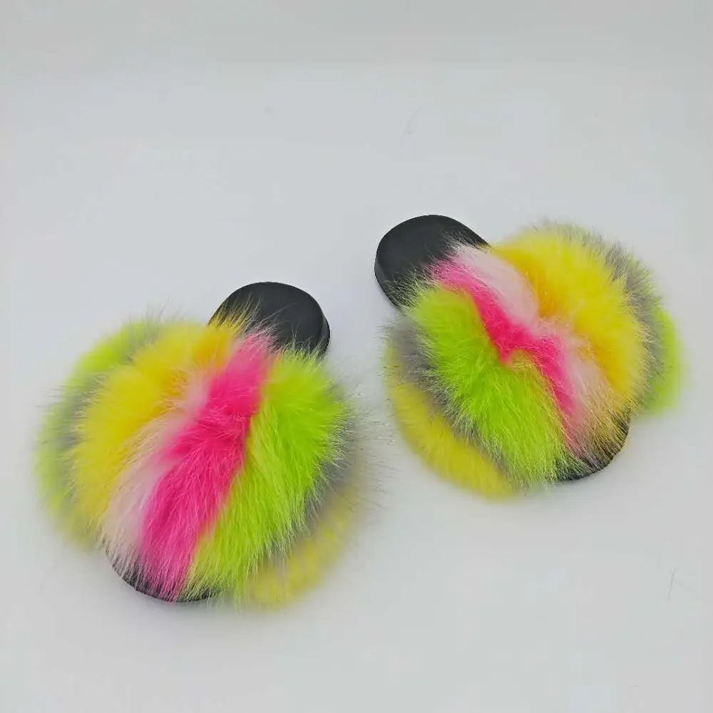 

Real Fox Fur Slippers Women Fur Home Fluffy Sliders Plush Furry Summer Flats