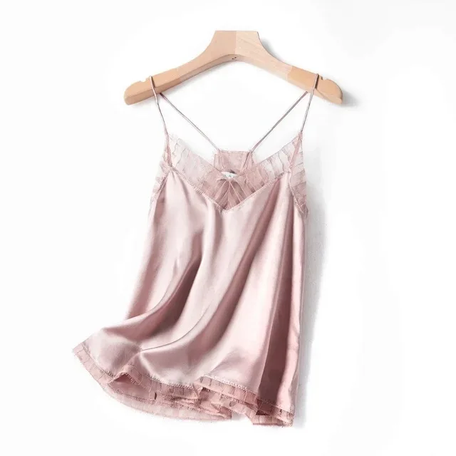 

100% Silk Women Camis White Black Pink Blue Summer Camisole V Neck Lace Sexy Trim Female Tank Tops Sling Vest New
