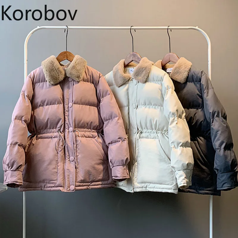Korobov/зимнее пальто корейские однотонные меховые однобортные куртки с отложным воротником винтажные тонкие регулируемые парки на шнурке 79021
