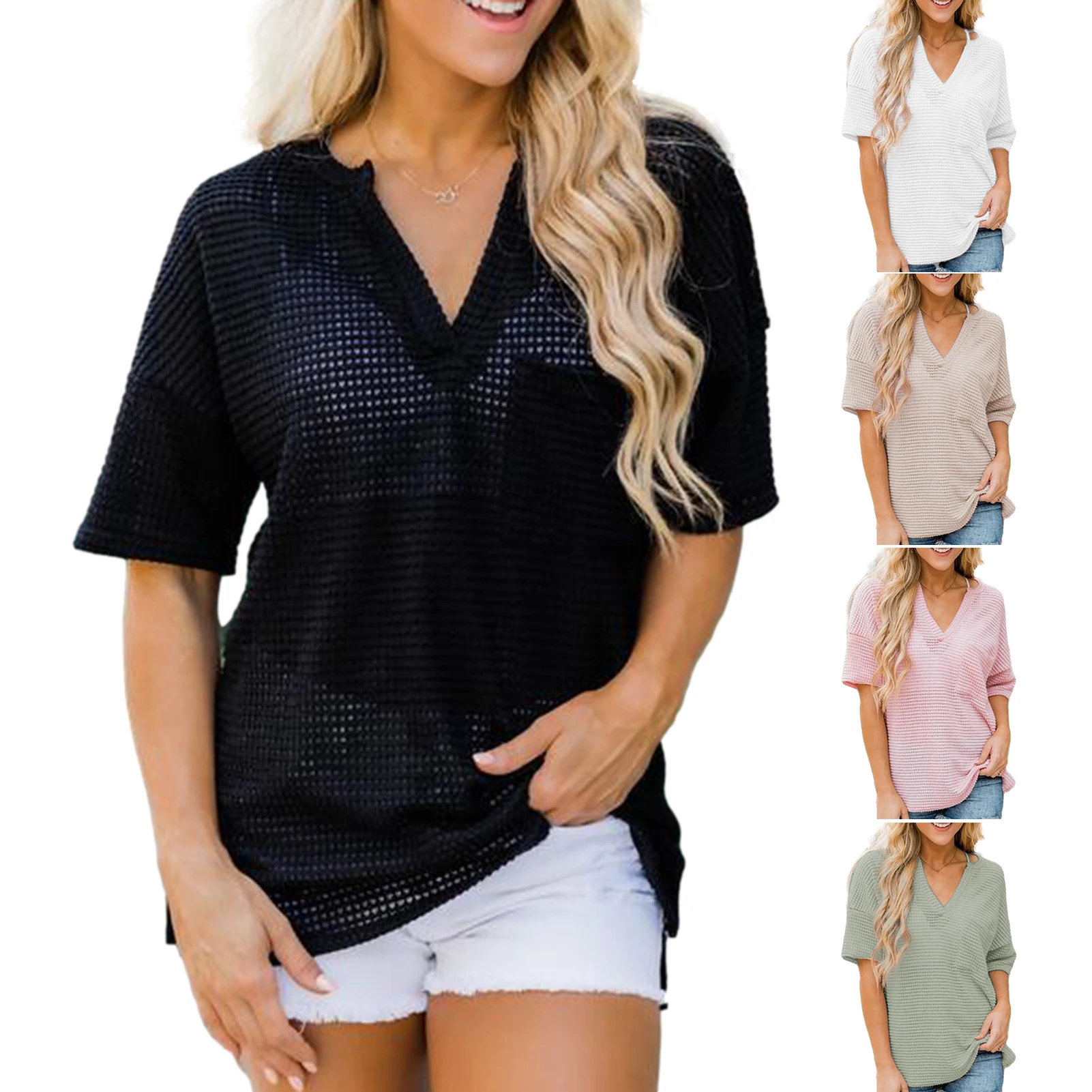 

Womens Casual Tee Short Sleeve V Neck Blouse Top Waffle Knit Spring And Summer Short-sleeved Fashion Casual Solid Color Women