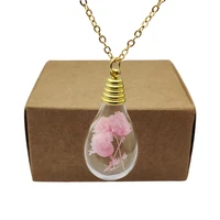 pink blossom babysbreath real flowers waterdrop pendant gold color chain long necklace women boho fashion jewelry bohemian