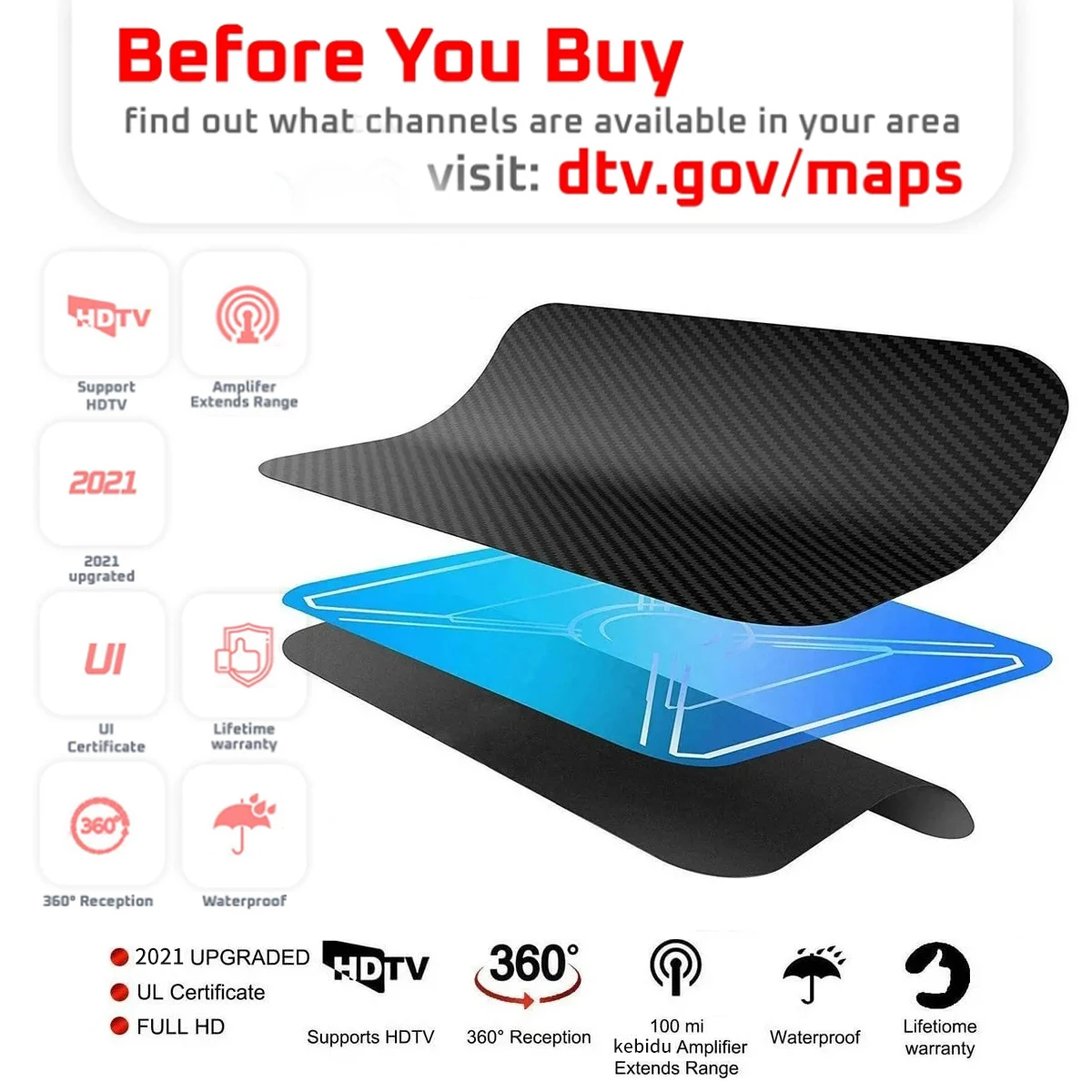 Kebidumei 25DB High Gain Indoor Digital TV Antenna 8K 4K 1080P HDTV Antenna For DVB-T DVB-T2 500 Mile HD VHF UHF Signal Receiver
