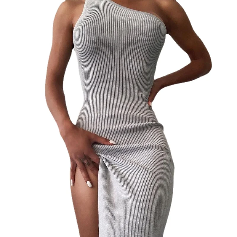 Elegant Split Midi Dress Bodycon Sleeveless 2021 Fall One Shoulder Knitted Solid Dresses Women Club Party Dressess