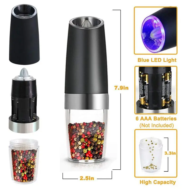 Premium Gravity Electric Salt and Pepper Grinder Set of 2 Battery Powered Shakers Automatic One Hand Mills with LED | Дом и сад