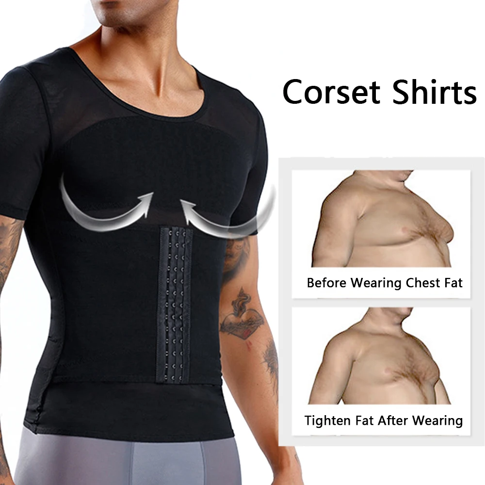 Men's Shirts Shaper Body Shaper Waist Back Support Suction Compression Top Coat T-Shirt Abdomen 3-Row Hook Eye Button Adjustable