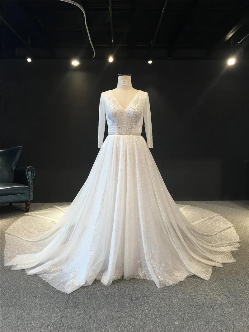 

High Quality Real Picures Ivory V-Neck Heavy Beads Full Sleeves A-line Floor Length Long Train Wedding Dresses