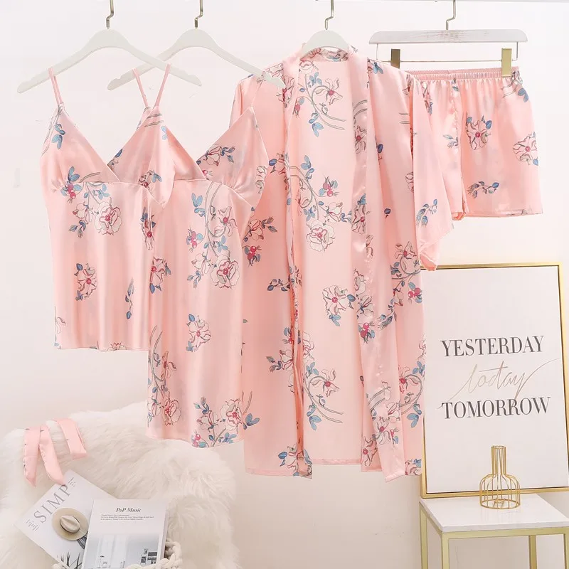 

Women Robe Suit Sleepwear Satin 4PCS Pajamas Set Kimono Bathrobe Gown Silky Intimate Lingerie Soft Pijamas Lounge Wear Homewear