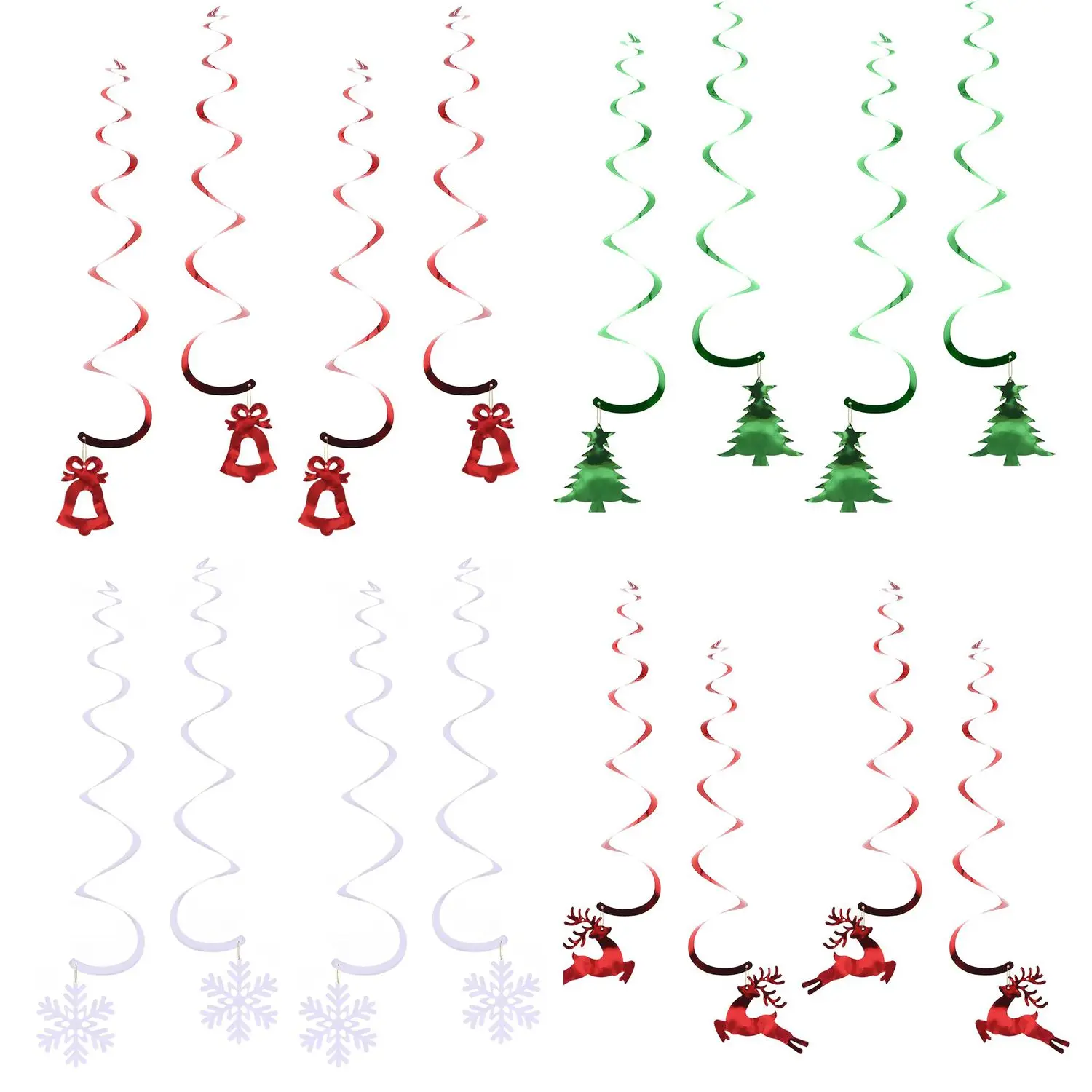 

Декор для комнаты, олень, снежинка, Санта, красные колокольчики, спиральная подвеска, фольгированная подвеска на потолок, 4 упаковки