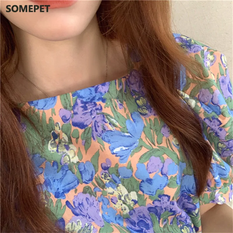 

Women Long Dress Summer New Floral Casual Chic Fashion Loose Puff Sleeves Mid-Length V-Neck Elegant Ladies Dresses