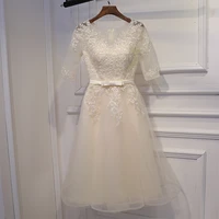 lovely champagne bridesmaid dress short tulle with floral applique half sleeves