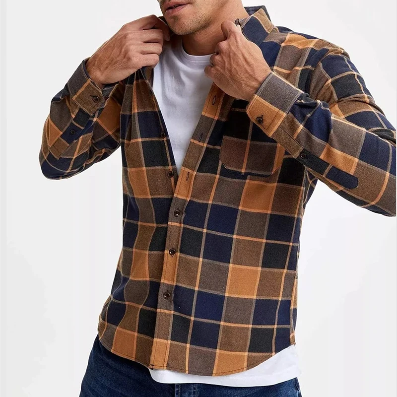 

Fashion Casual Business Turn-down Collar Shirts Plaid Printing Long Sleeve Cardigan Top For Male Clothing Autumn Spring 2021 New
