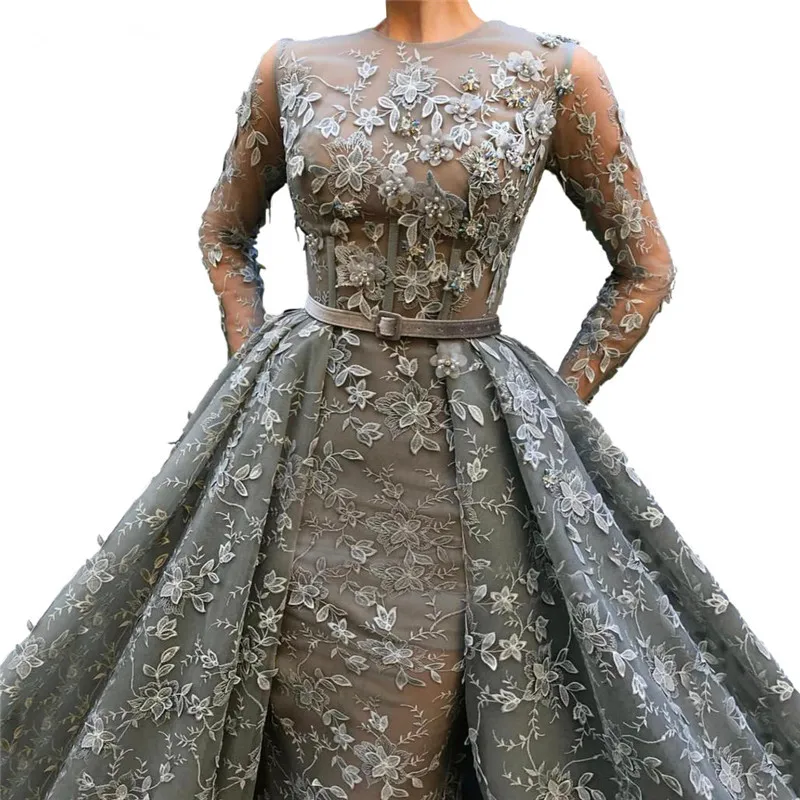 Серые мусульманские Вечерние платья Русалка с длинным рукавом женское длинное