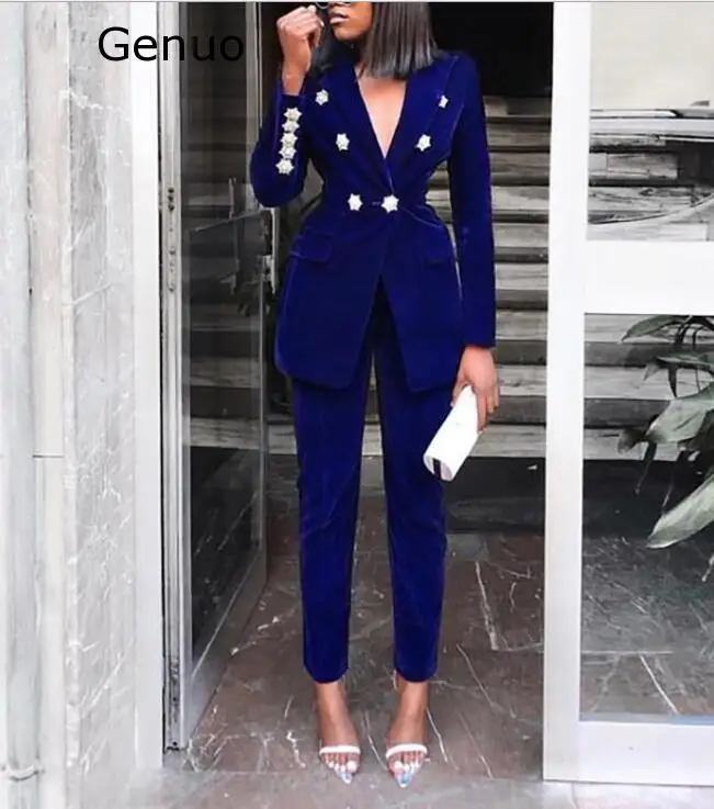 

Genuo Women 2 Piece Set Top And Pants 2020 Summer New Arrivals Rhinestone Long Sleeve Suit Office Blue Sexy High Waist Pants Set
