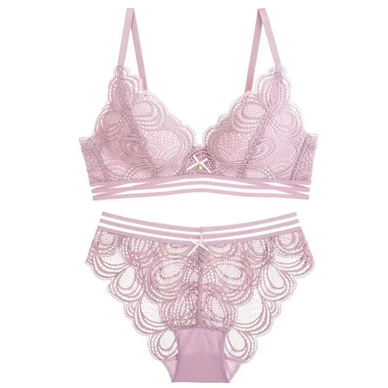 

Ladies Bra Set Fashionable Sexy No Steel Ring Lace Flower Underwear Triangle Thin Mold Cup Fashionable Lady Comfortable Bra Set