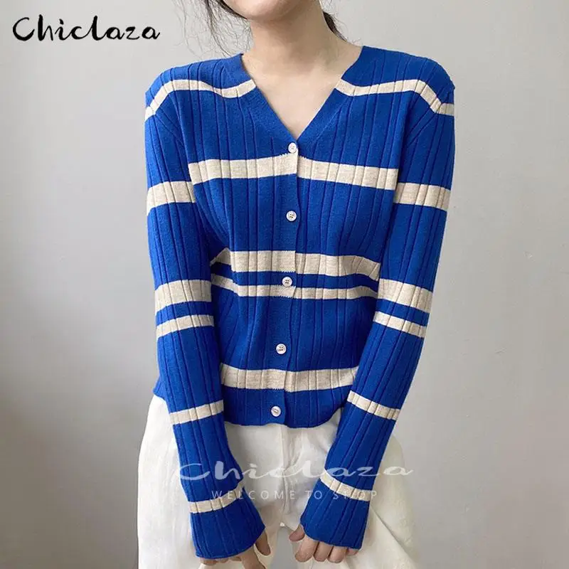 

Women Fashion V Neck Knitted Cardigans 2021New Autumn Single Breasted Female Striped Sweater Coat Tops