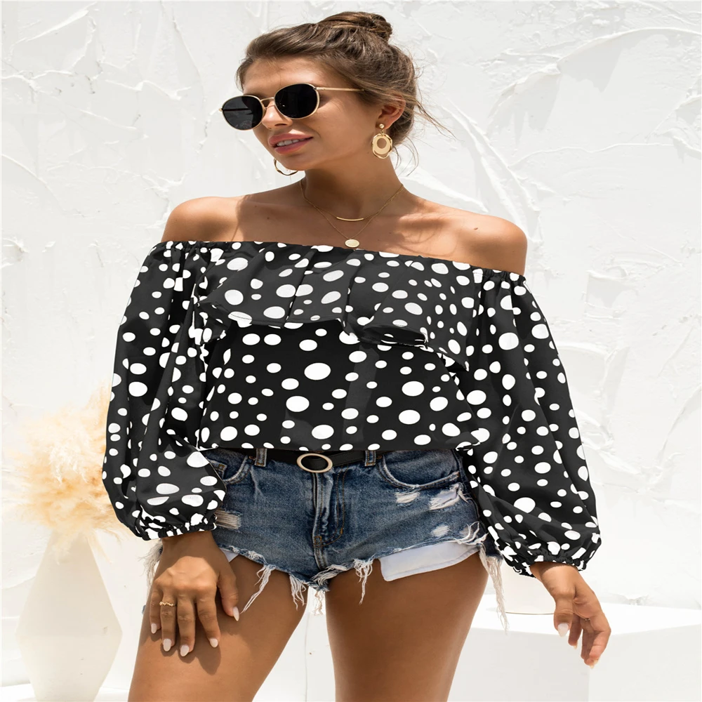 

Women's Blouse Polka Dot Print Patchwork Ruffles Puff Sleeve Slash Neck Long Sleeve Shirts Women Clothing 2021 Blusas Femme Tops