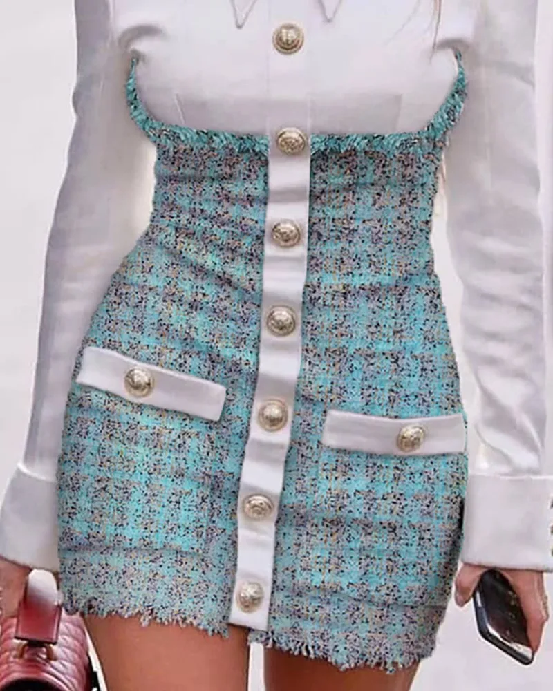 

OL buttoned long sleeve dress women patchwork single breasted mini dress