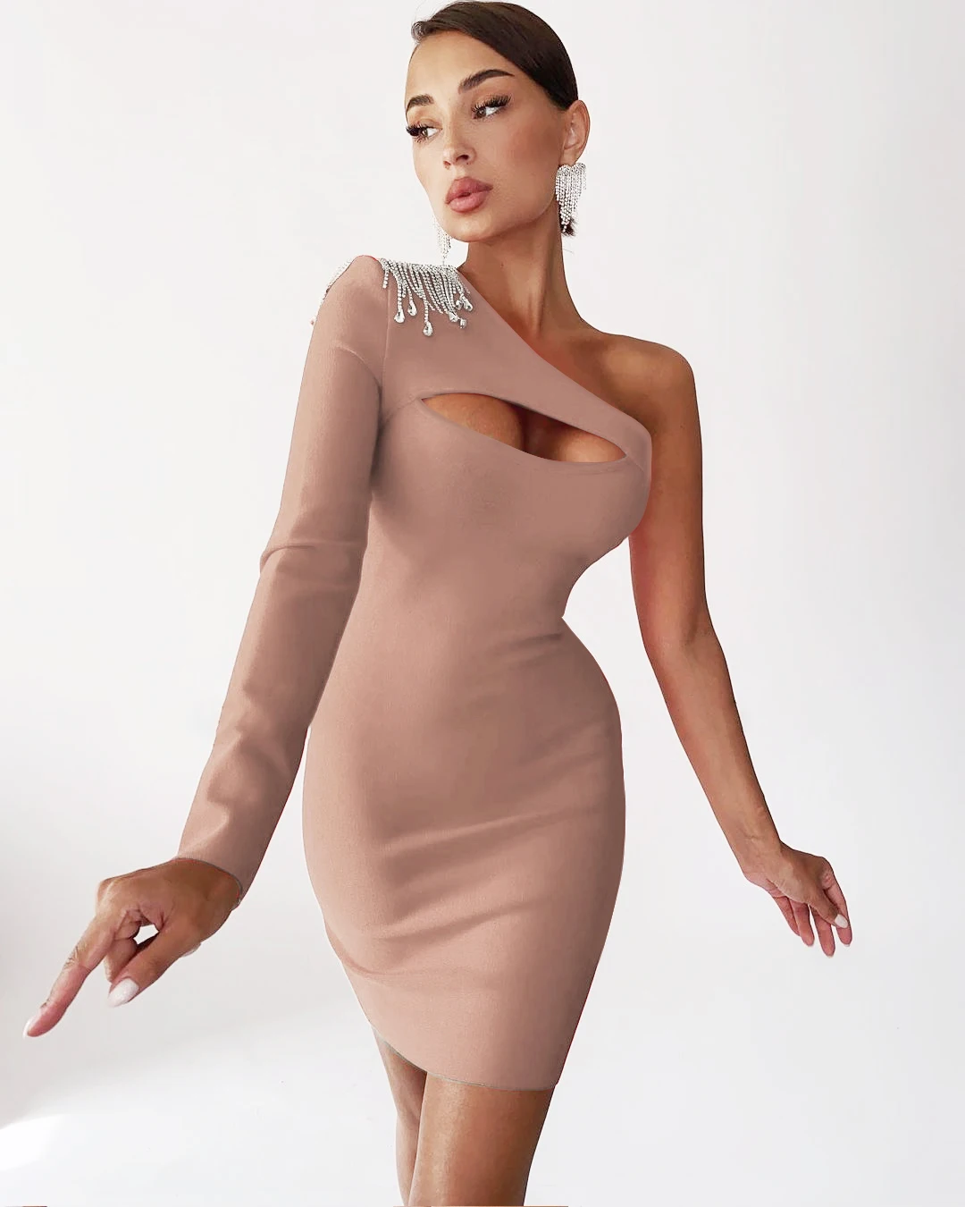 

2021 New Fashion Women Pink One Shoulder Hollow Out Mini Bodycon Party Bnadage Dress WOMEN FDSA INS