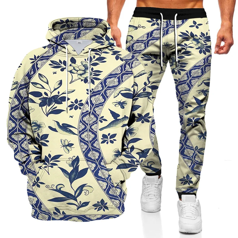

2021 new fashion 3D retro printing personality hooded sweater pants youth leisure suit men and women sports fitness suit