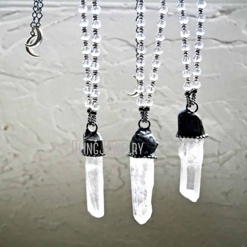 NM40392  Quartz Crystal Point And Clear Beaded Necklace Clear White Terminated Quartz And Boho Witch Beaded Necklace Halloween