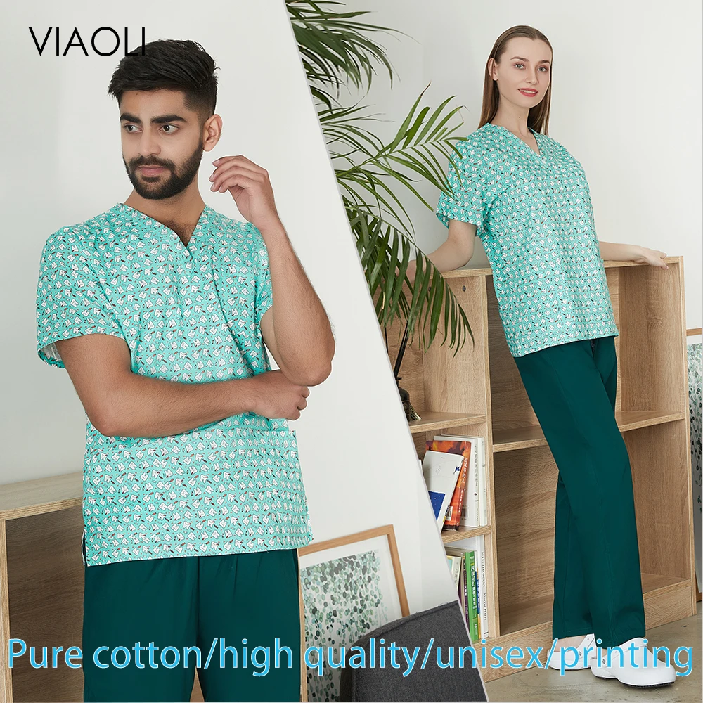 

Hospital Unisex Teeth Printing High Quality Dental Clinic Stomatology Pharmacy Scrubs Set Operating Room Women's Tops Uniform