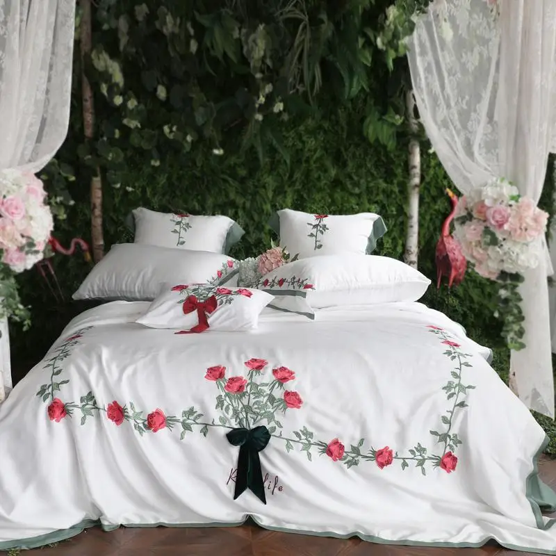 

Embroidery Rose White Tencel Silk Duvet Cover Bed sheet Set Luxury Bedding Set Queen/King Size 4/7Pcs ropa de cama/linge de lit