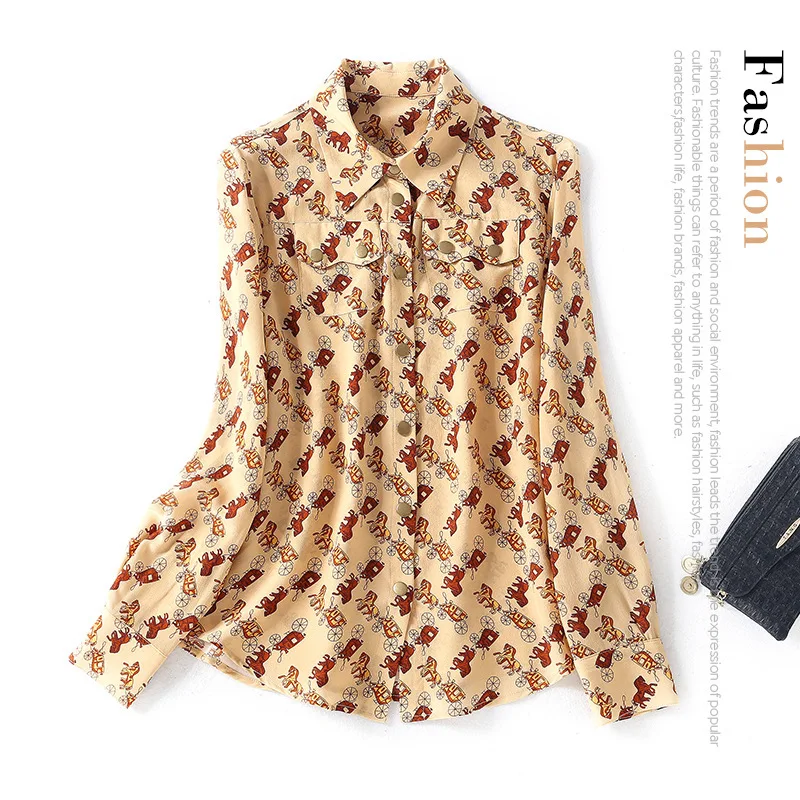 

New lapel vintage print pocket long sleeve metal buckle 02 silk shirt top female