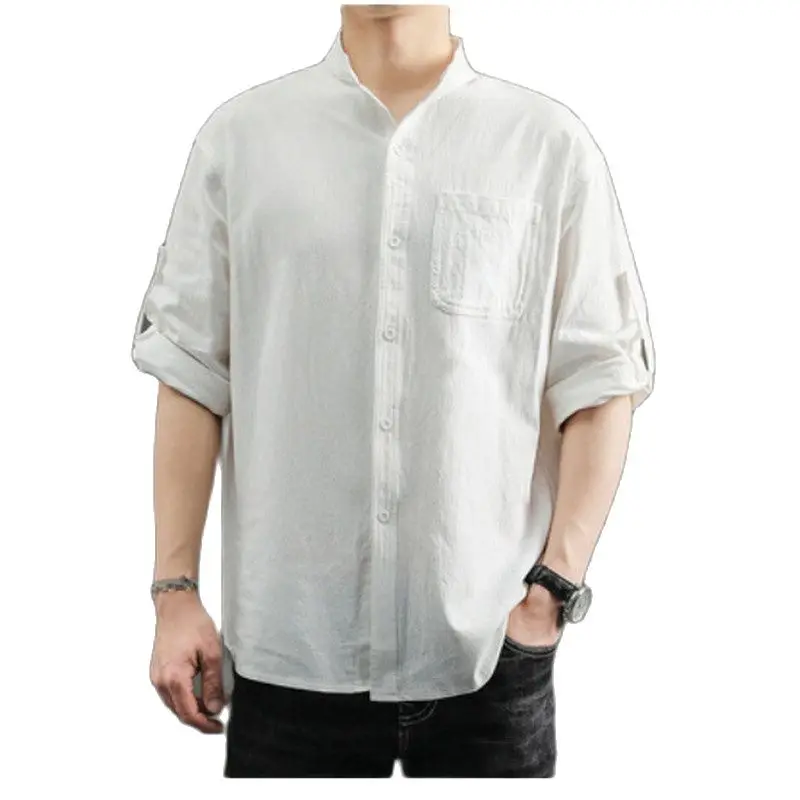Linen Shirt Man 2021 Summer New Chinese style Men's Stand Collar Loose Large Size Thin Seven Minute Short Sleeve Shirt Man M-5XL