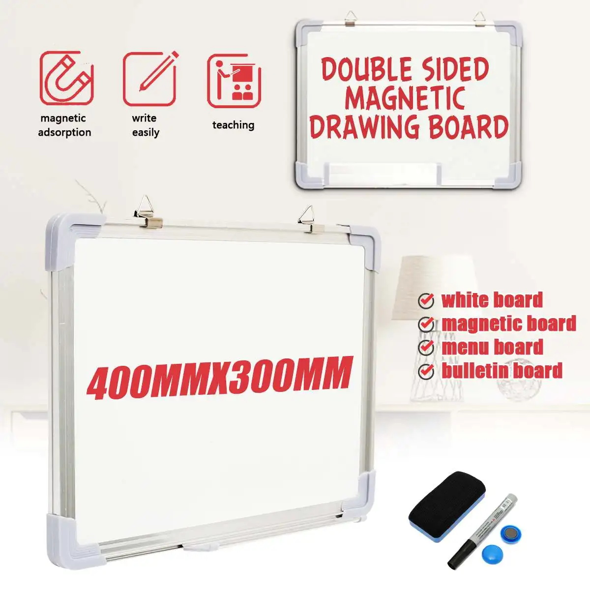 

40x30cm Magnetic Whiteboard Double Sided Erasable Board Educational Drawing Messsage White Board With Marker Pen