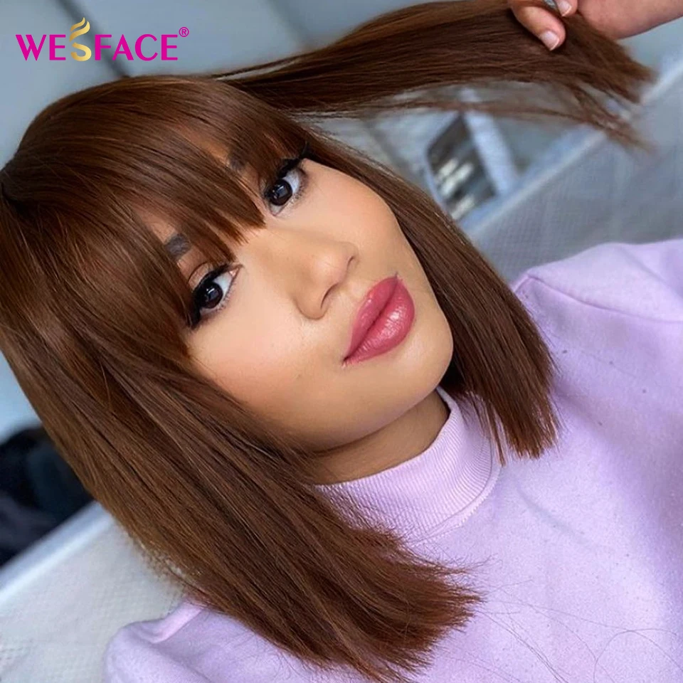 Straight Bob Human Hair Wigs With Bang Full Machine Made Wig Brown Color Brazilian Remy Human Hair Wig Short Bob Wigs For Women