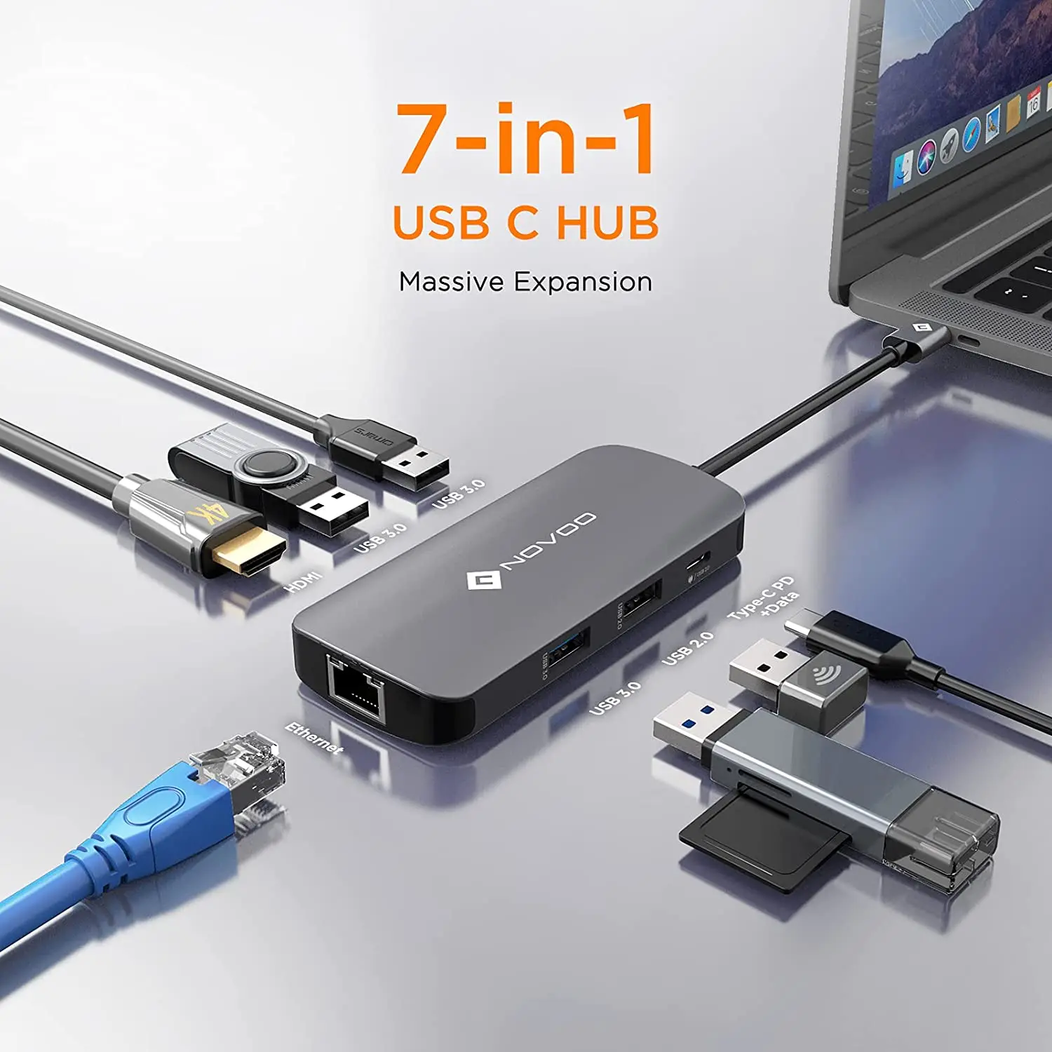 400PODAROK(2000₽-400₽) NOVOO 7 в 1 тип C коммутатор-концентратор док-станция USB 3.0 - 4K HDMI 100 Вт
