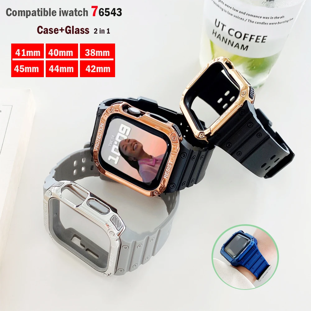 

Strap+PC case for Apple watch band 45mm 41mm 44mm 40mm 38mm/42mm smartwatch correa Silicone bracelet iwatch series 7 6 5 SE 4 3