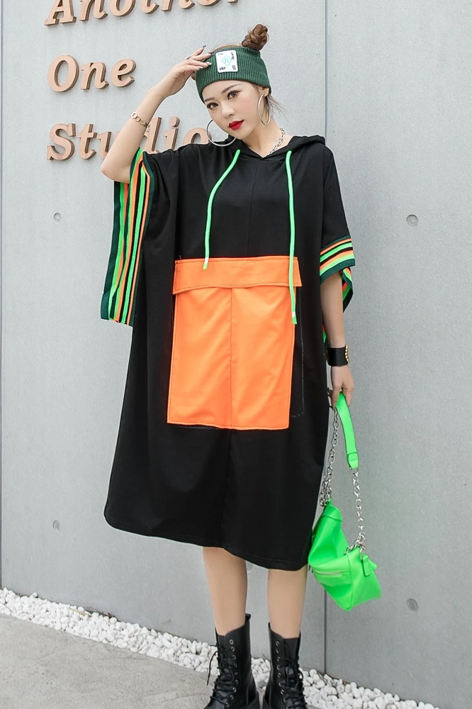 

European station 2021 new plus size royal sister light mature style dress summer fat mm belly cover hooded mid-length skirt
